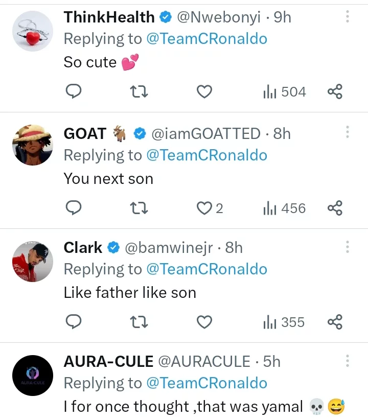 Reactions as Cristiano Ronaldo's son was spotted congratulating him after winning a globe soccer award