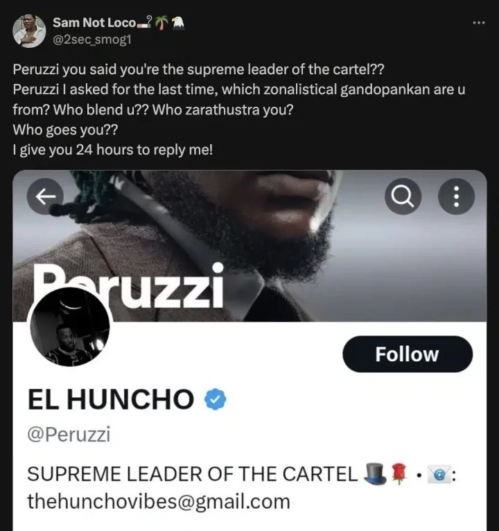 'Who blend you?' - Peruzzi called out over 'Supreme Leader of Cartel' title