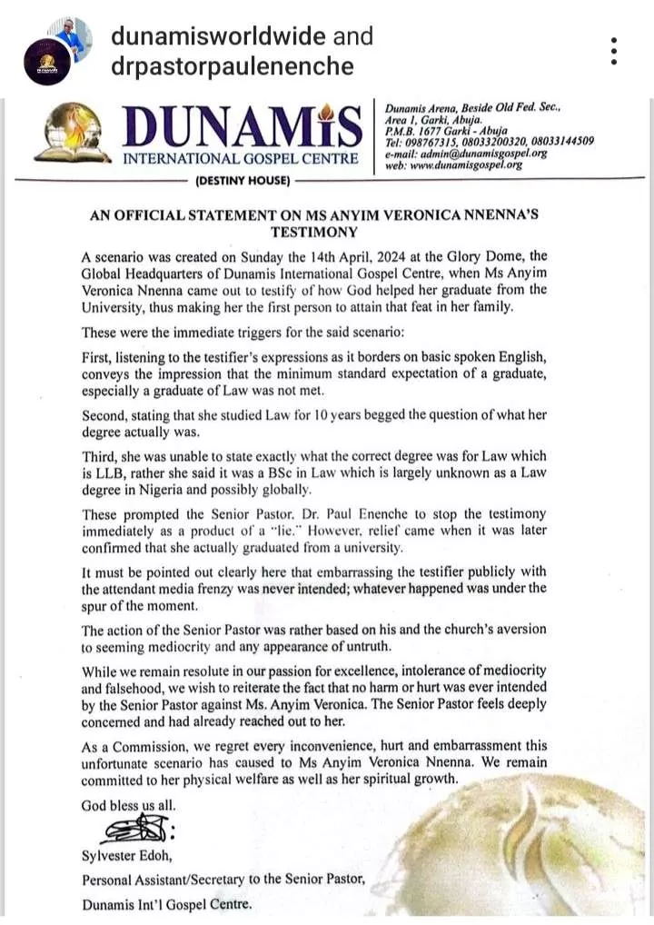 Dunamis Church releases statement regarding Veronica's testimony
