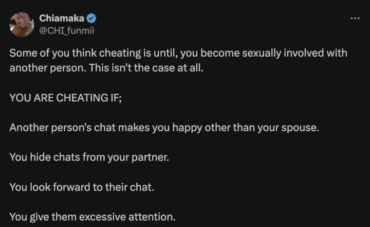 'If another person's chat makes you happy and ...' - Lady lists cheating signs