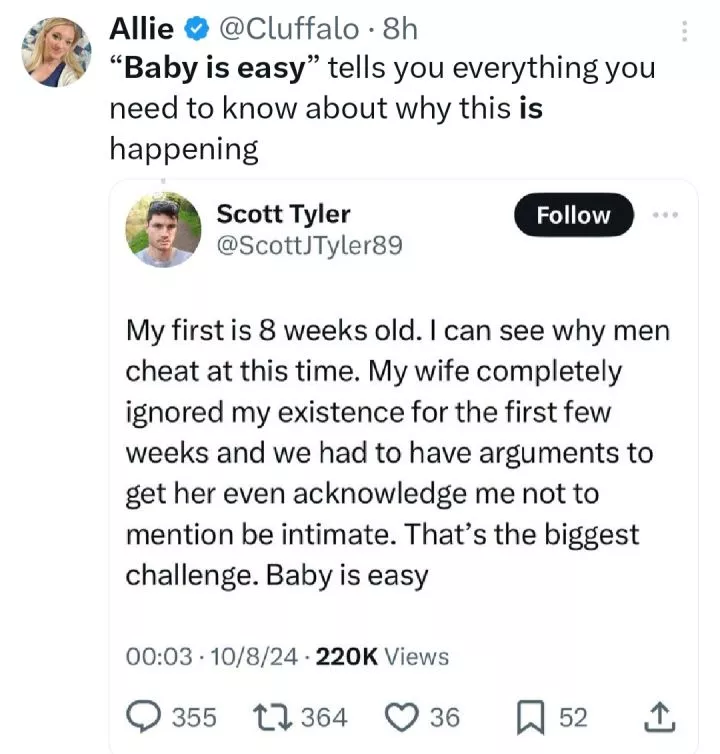 Man laments that his wife who gave birth 8 weeks ago is not paying attention to his physical and s�xual needs