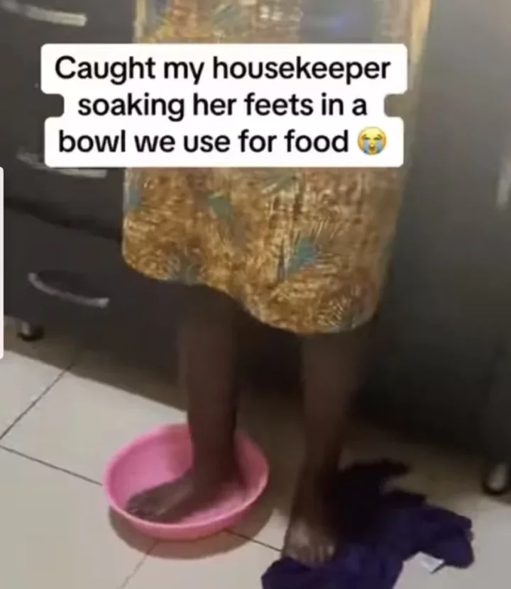 Woman shocked as she finds housekeeper soaking her feet in cooking bowl