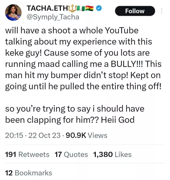 Tacha speaks after she was filmed fighting keke driver for bashing her Benz (video)