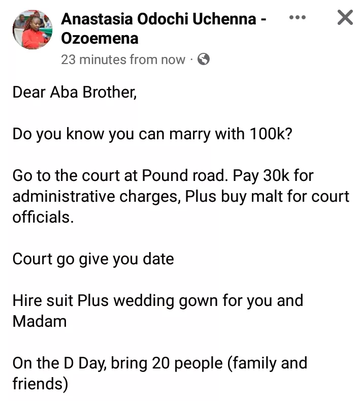 Nigerian lady advises Aba men on how to get married with 100k