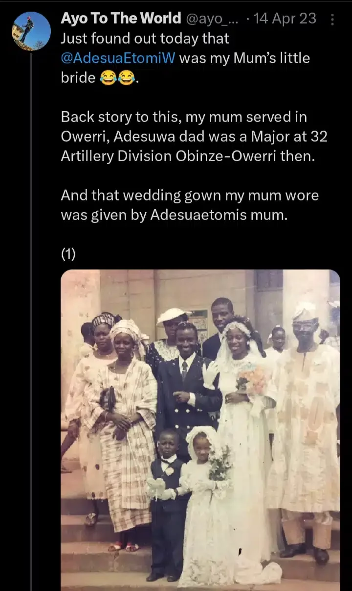 Man surprised as he discovers Adesua Etomi-wellington served as little bride at his parents' wedding