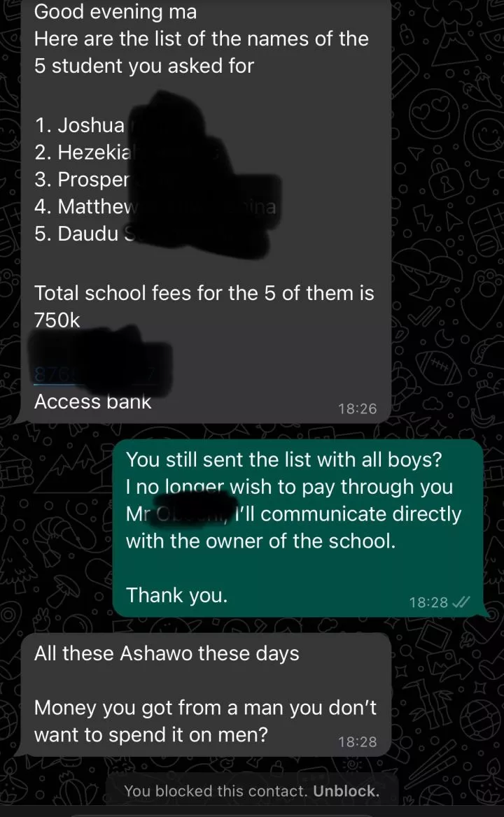 Purported chat between a lady who wanted to sponsor indigent students