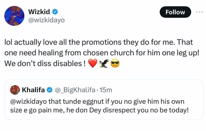 Wizkid exposes Tunde Ednut's disability, asks him to go for healing at Chosen