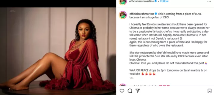 Why I feel Davido's restaurant should have been opened in Chioma's name - Sarah Martins