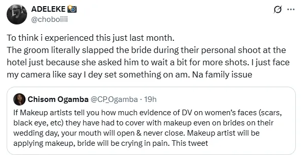 Nigerian photographer narrates how a groom slapped his bride during photoshoot on their wedding day