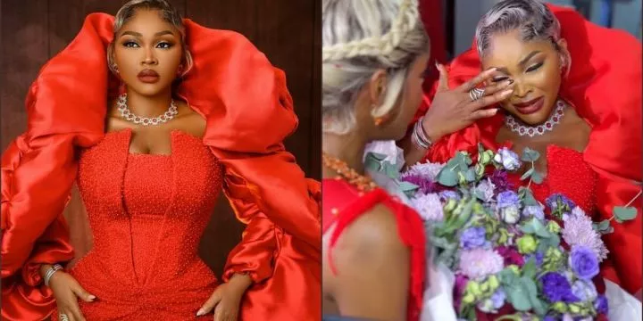 Mercy Aigbe in tears as she gets surprise bouquet at movie premiere