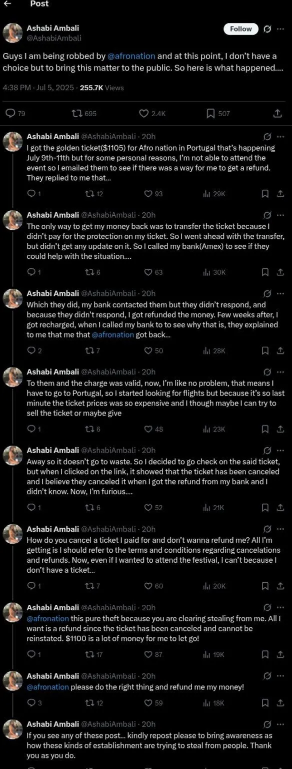 Lady accuses Afro Nation of 'theft' after $1,105 ticket was canceled with no refund