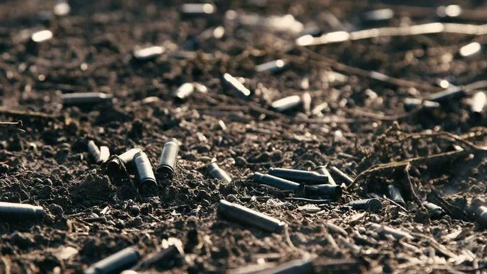 a scorched field after a battle with a shell from a machine gun. field with small sprouts of plants. War concept