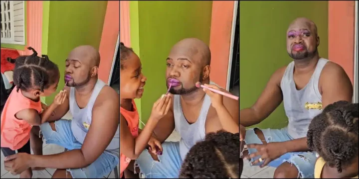 "Them sabi work" - Father submits himself to his daughters as they use him to practice their makeup skills