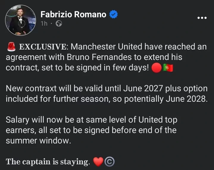 Man Utd, your captain Bruno Fernandes is staying after agreeing to a new contract.