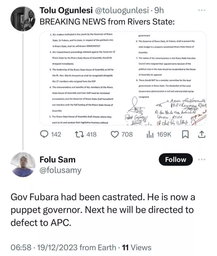 Nigerians react as Rivers state Gov, Sim Fubara, signs peace deal with his predecessor, Nyesom Wike