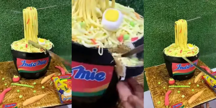 "A master piece"- Talented Nigerian baker wows many with a perfectly baked Indomie Cake