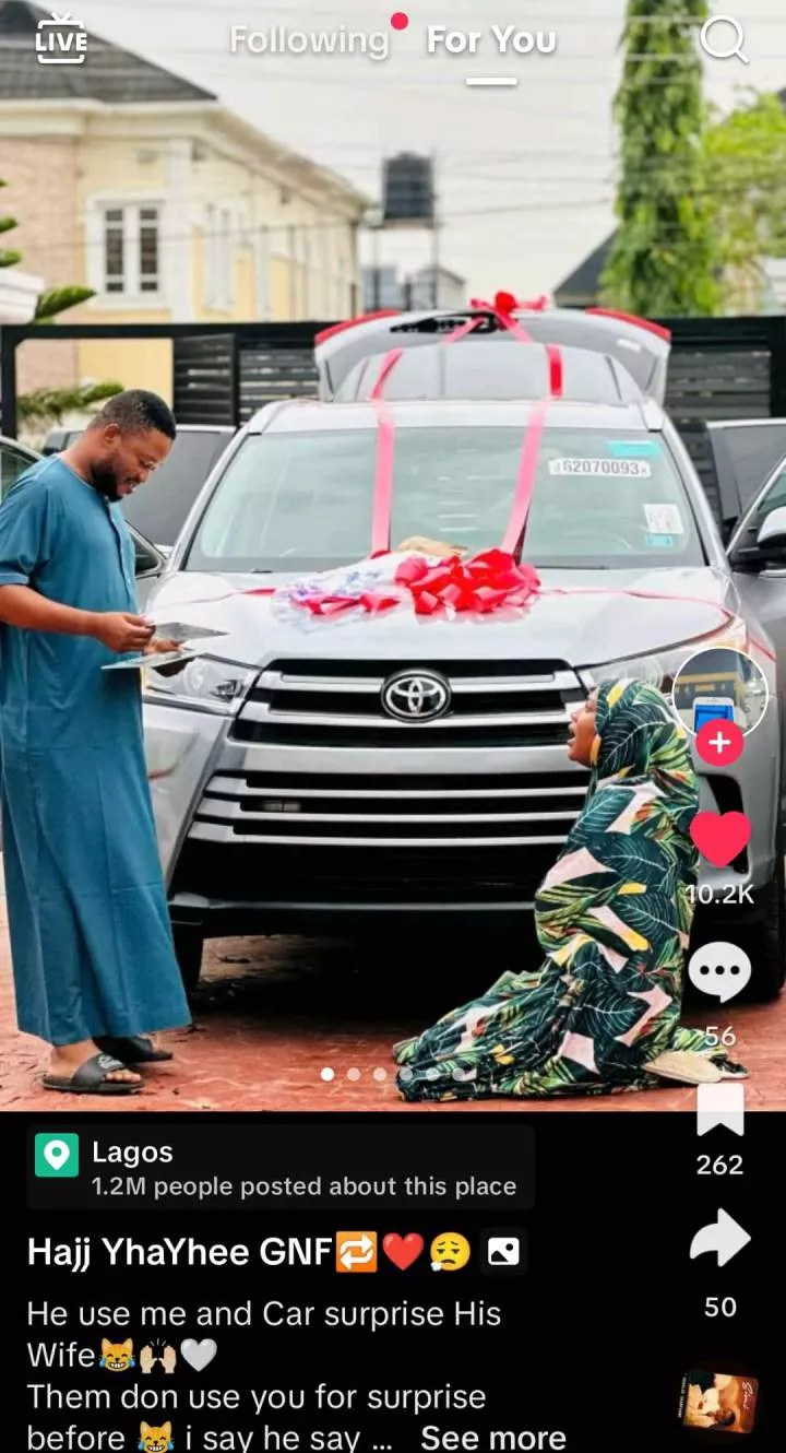 Heartwarming moment as Nigerian wife kneels in thanks as husband gifts new car