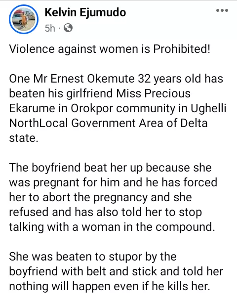 Man allegedly beats his girlfriend to stupor in Delta for refusing to abort pregnancy