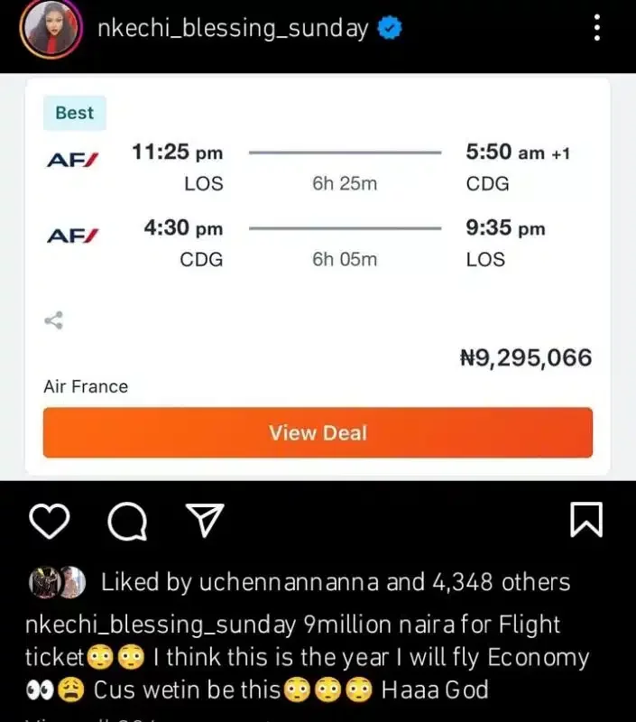 'I will start flying economy' - Nkechi Blessing laments as flight tickets soars to N9 million