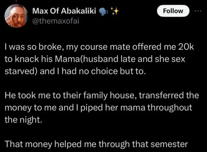 Man confesses to sleeping with coursemate's mother for ₦20K when he was broke