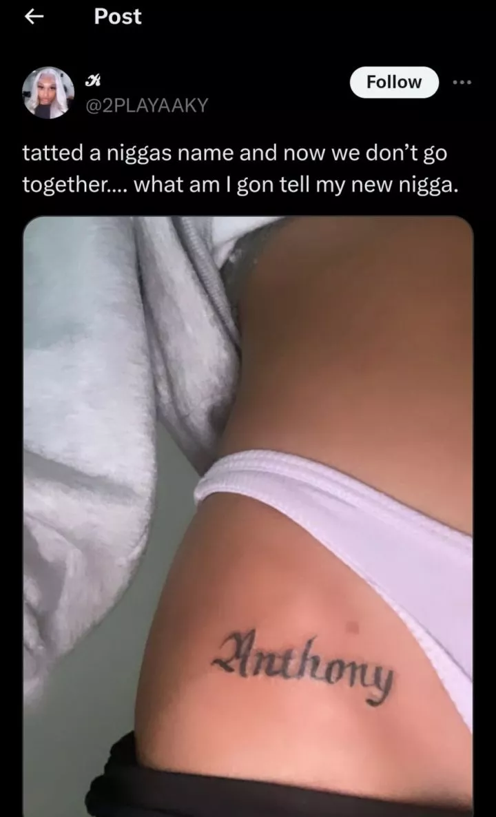 Lady goes viral after seeking help for tattoo of ex-boyfriend's name on her lap