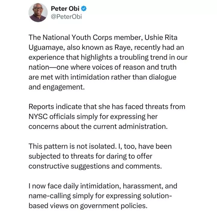 I challenge you to offer her employment in your company - Reno Omokri tells Peter Obi after he drummed support for Corps member who called out President Tinubu over prevailing hardship