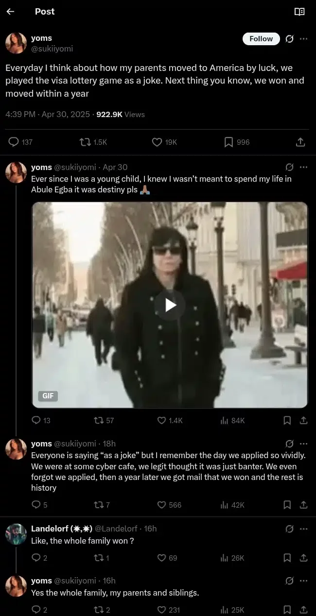 Lady recounts how her family moved to America after playing visa lottery as a joke