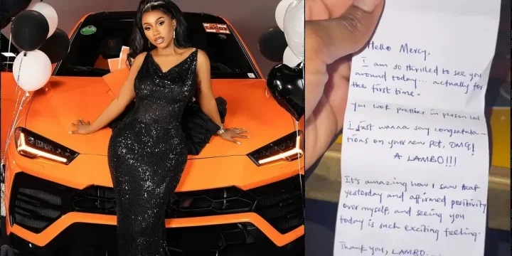 Mercy Eke shares heartfelt note from lady inspired by her Lamborghini