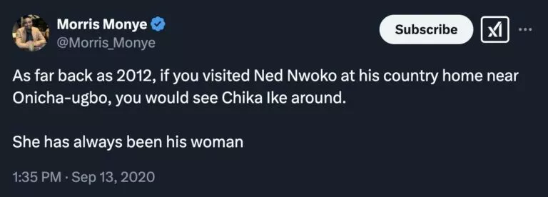 Old tweet about Ned Nwoko and Chika Ike resurfaces amid alleged marital crisis