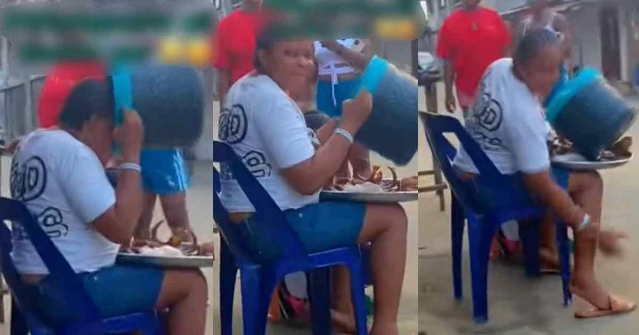 "Pregnancy will humble you" - Moment a pregnant woman drinks 'garri' using a food cooler (Watch)