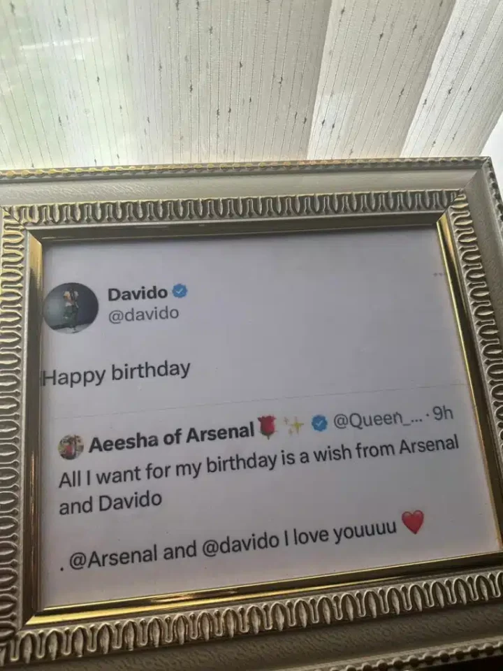 Arsenal fan frames 'tweet' as Davido makes her birthday wish come true