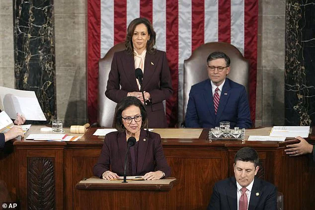 When Kamala Harris presided over the Congressional certification of the electoral college votes on January 6 (pictured), she adopted the stance of the righteous stateswoman.