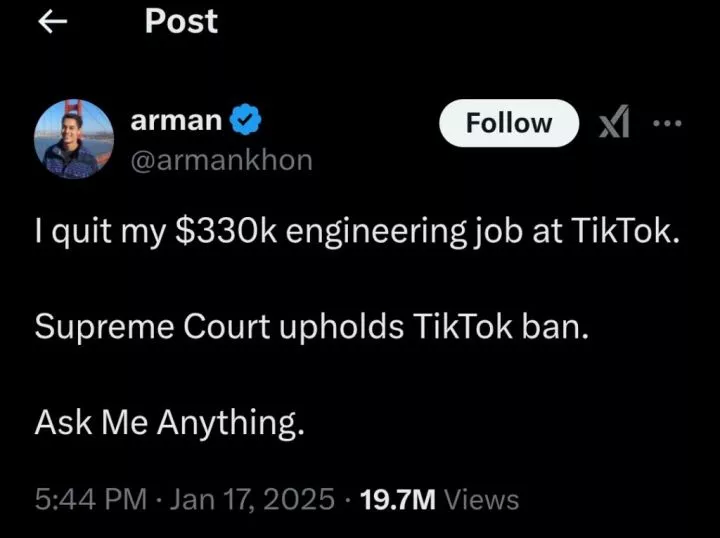 Man quits $330k job after supreme court upholds TikTok ban, confirms platform's guilt