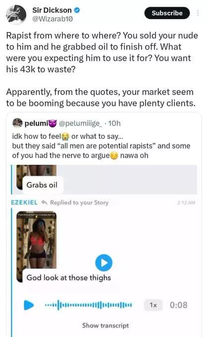 Nigerian lady deletes her tweet calling men ?potential r@pists? after being accused of selling her nud3s for N45k on Snapchat