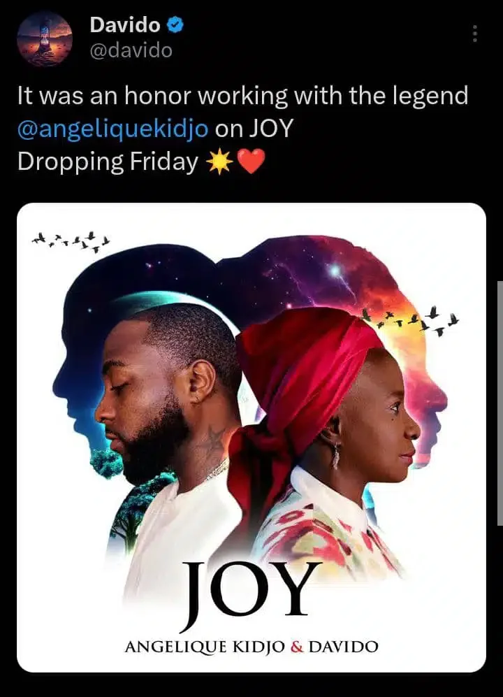 Reactions trail as Davido announces release date for new song with Angelique Kidjo