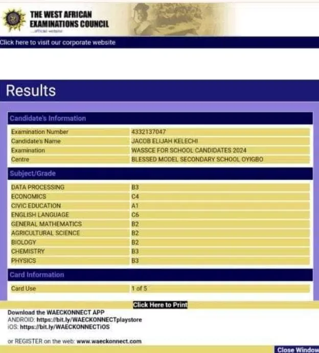 WAEC result of boy who passed away after the exam surfaces online