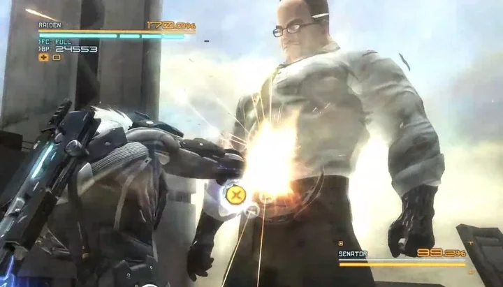 Raiden punching Armstrong in Metal Gear Rising: Revengeance.