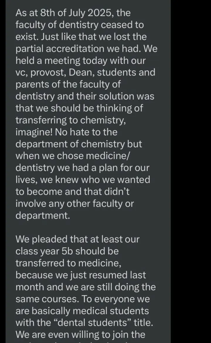 UNICAL sends 200-600 level dental students home over excess admission