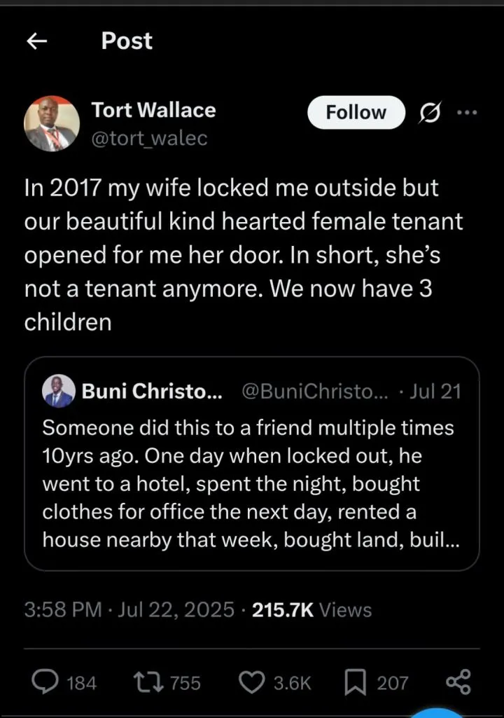 Landlord marries female tenant after wife repeatedly locked him out for returning home late