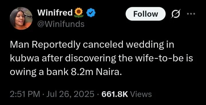 Man allegedly calls off wedding after discovering fiancée owes bank N8.2M
