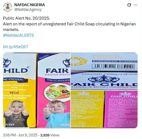 NAFDAC Alerts Nigerians On Circulation of Unregistered Skin Lightening Soap for Children