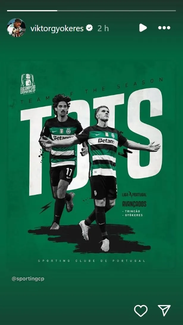 Viktor Gyokeres shares news that he has made the Liga Portugal team of the season.