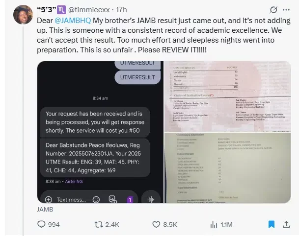 Lady calls out JAMB after her brother scored 169