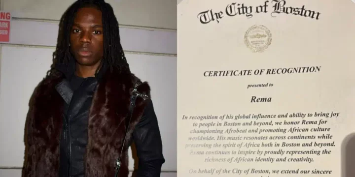 Rema receives certificate of recognition from mayor of Boston