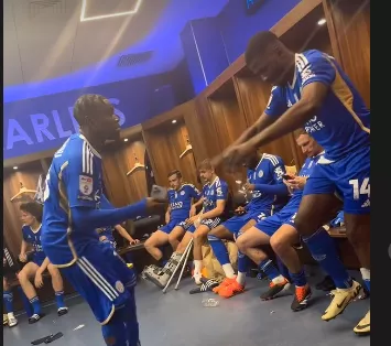 Abdul Fatawu and Kelechi Iheanacho in the Leicester dressing room celebrating Premier League promotion - X@LeicesterCity