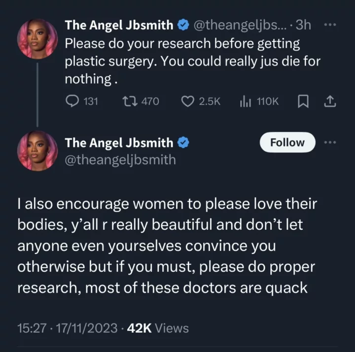 'Do your research before getting plastic surgery' - Angel advises women