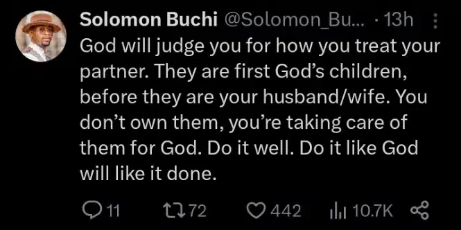 'God will judge you for how you treat your partner' - Solomon Buchi