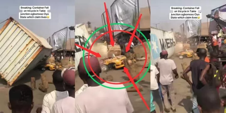 Container falls on tricycle in Takie, Ogbomosho, claiming lives of all passengers