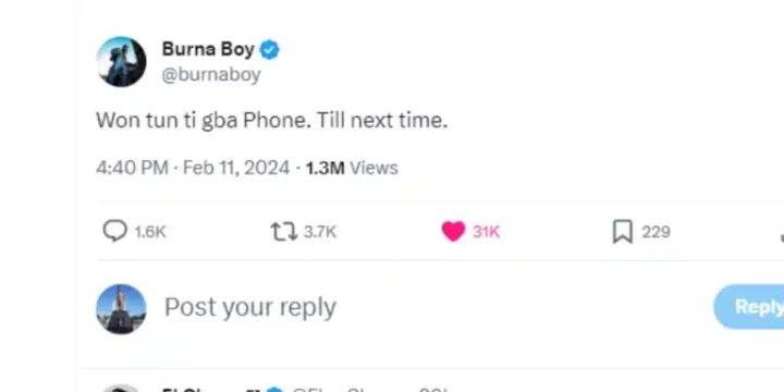 Burna Boy laments losing access to his phones following comment about Davido