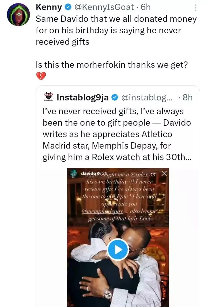 'Same Davido that we donated money for on his birthday' - Man drags Davido for saying he never receives gifts